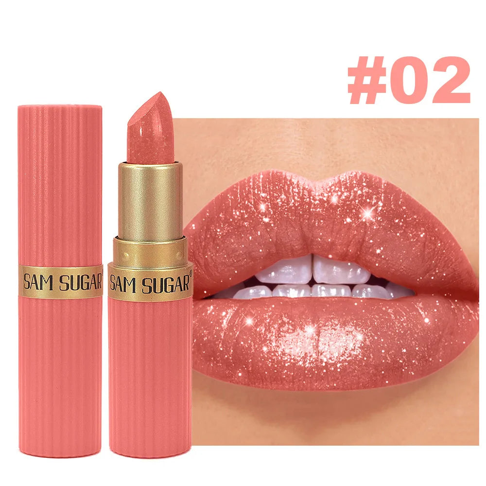 Pearlescent Pink Glitter Velvet Lipstick Metallic Waterproof Long Lasting Matte Shimmer Diamond Lipstick Women Makeup Cosmetic
