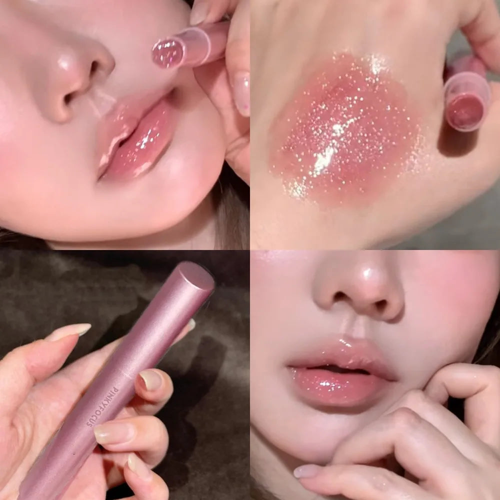 Diamond Pink Glitter Solid Jelly Lip Gloss Pen Moisturizing Mirror Water Lipstick Light Film-forming Non-Fading Gloss Cosmetic