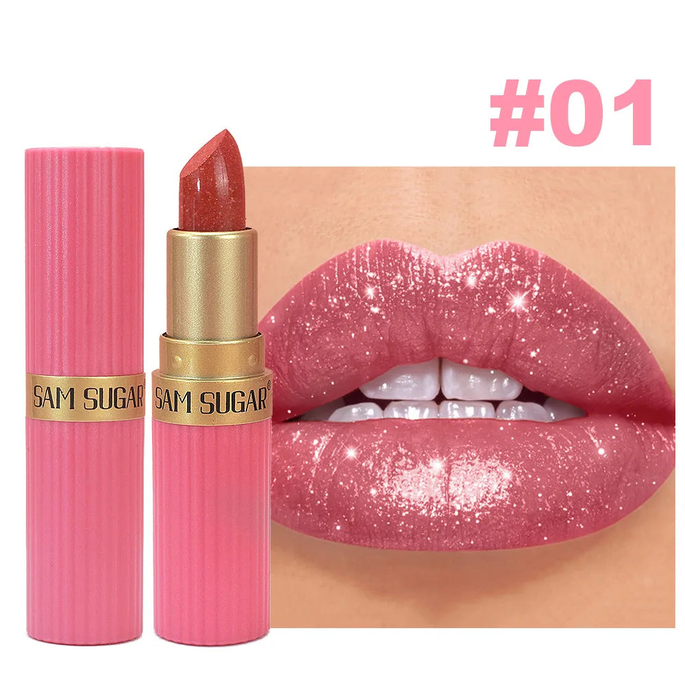 Pearlescent Pink Glitter Velvet Lipstick Metallic Waterproof Long Lasting Matte Shimmer Diamond Lipstick Women Makeup Cosmetic
